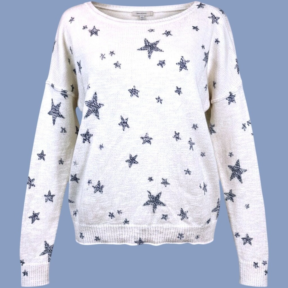 Hollister Celestial Star Sweater Size XS White Navy Blue Drop Shoulder Whimsical